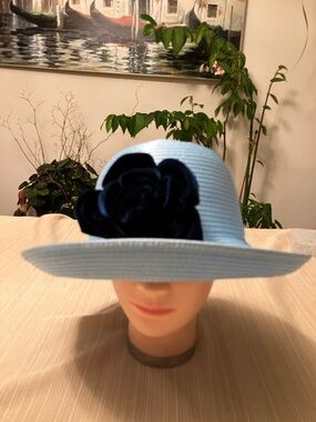 Light Blue Satin Ribbon Wide-Brim Hat with Navy Velvet Floral Accent